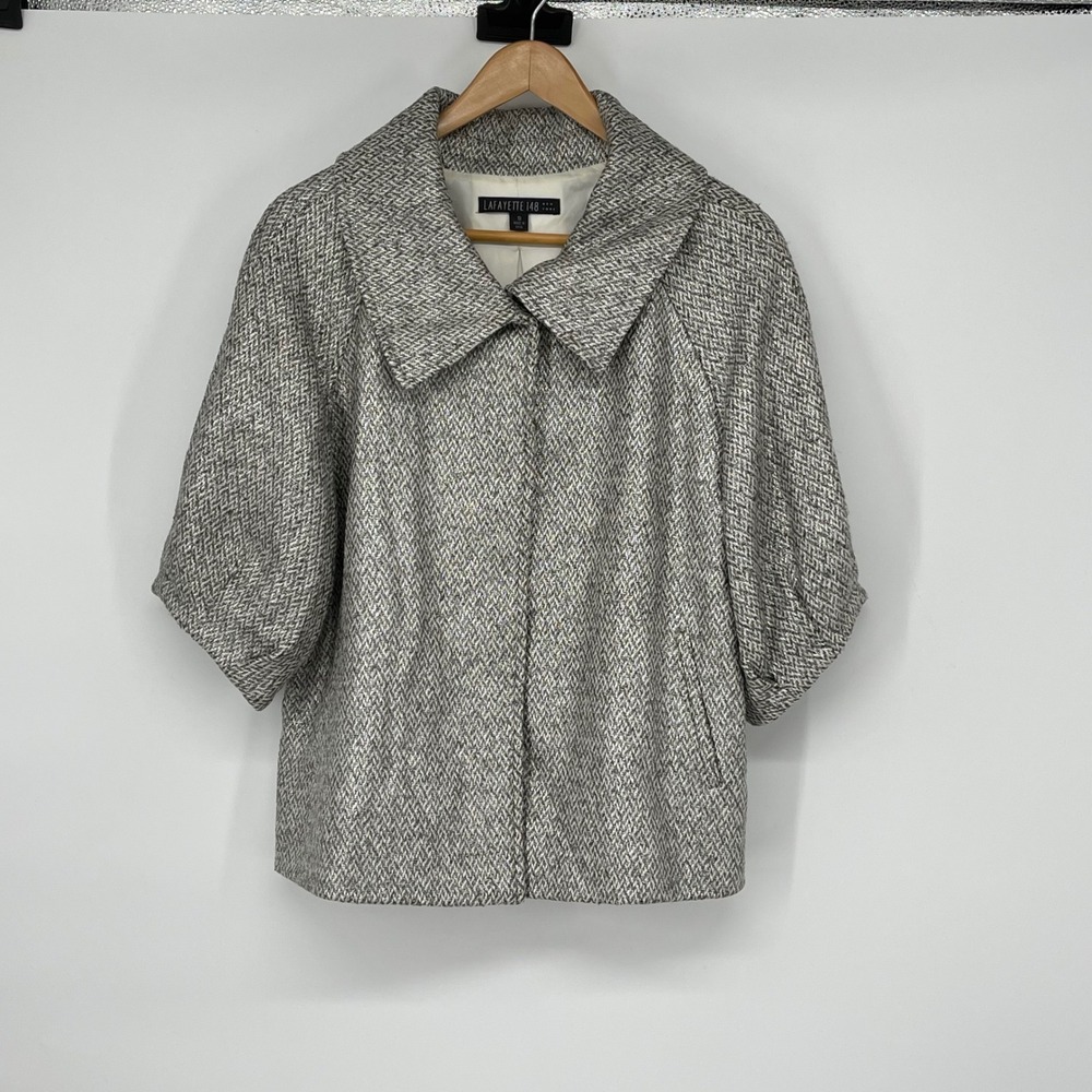 Lafayette 148 Tweed Herringbone Silver Metallic 3/4 Sleeve Jacket Size 10 Luxury